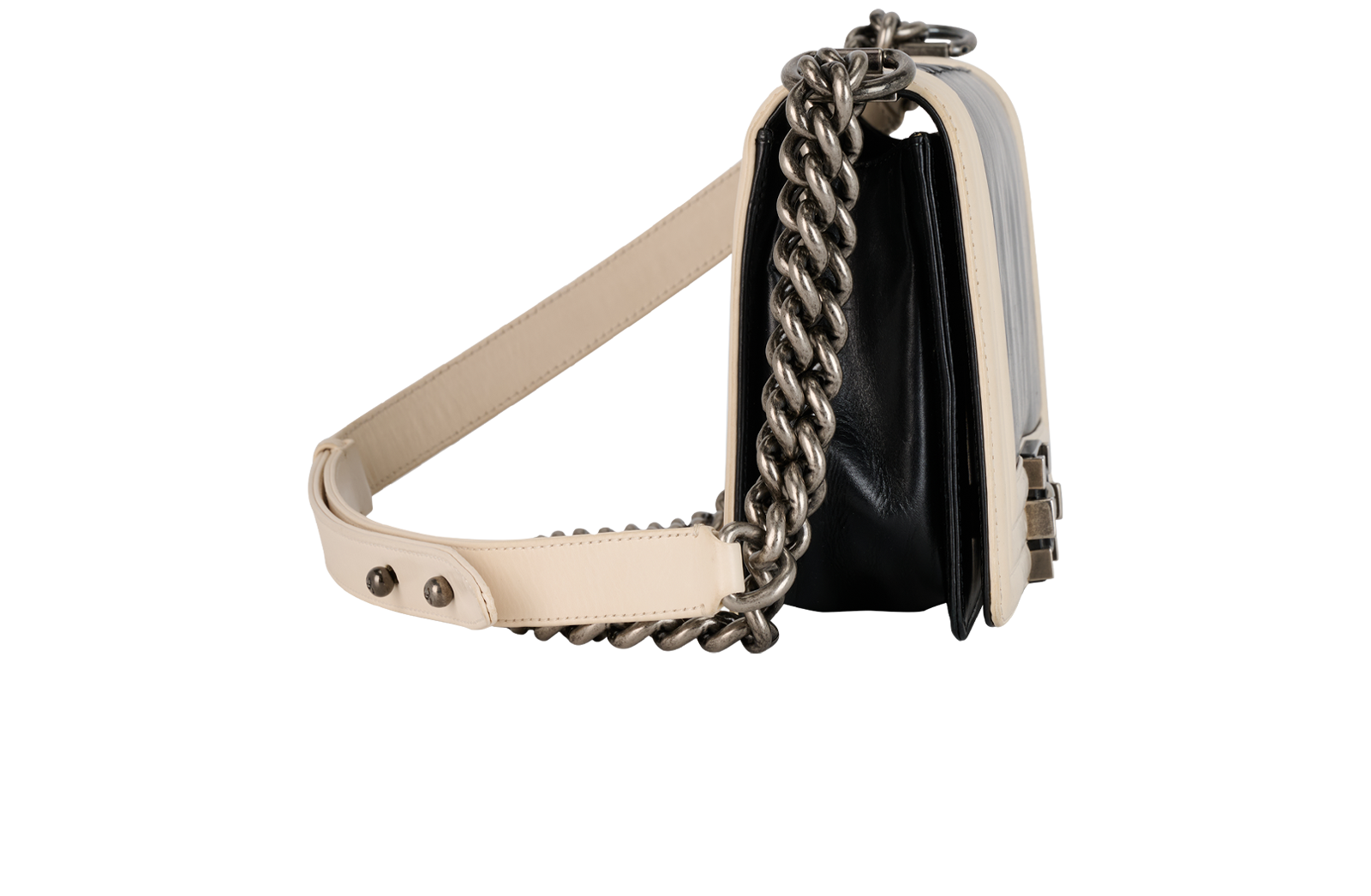 Boy Bag, &pound;1,600, Handbags, Black/Cream, Leather, Side view